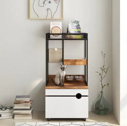 Cat Litter Box Enclosure with Cat Tree Tower – Multi-Functional Cat Cabinet & Furniture (White + Vintage)