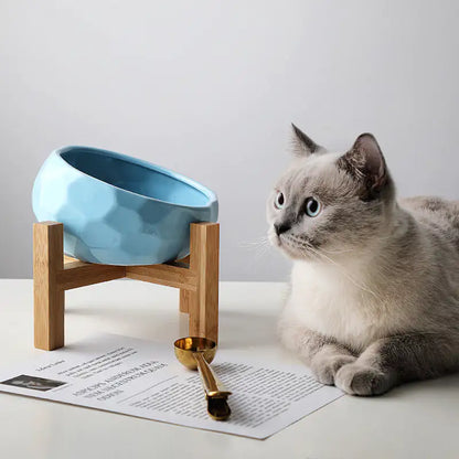 Purr-fect Cat Bowl with Bamboo Stand | Elevated Non-Slip Ceramic Dish for Cats