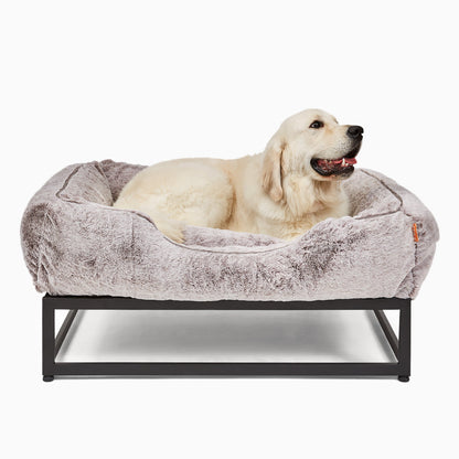 FÜZI Raised Bolster Dog Bed – Light Grey Washable Faux Fur with Black Metal Base, Indoor/Outdoor