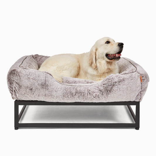 FÜZI Raised Bolster Dog Bed – Light Grey Washable Faux Fur with Black Metal Base, Indoor/Outdoor