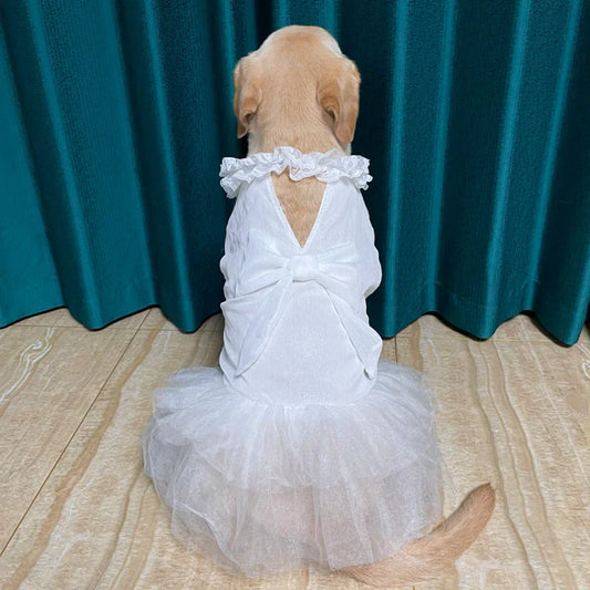 Big Dog Wedding Dress – Elegant Lace & Tulle Gown with Bow and Frilly Neckline, Perfect for Flower Dogs or Special Occasions (White or Pink, Sizes M–5XL)