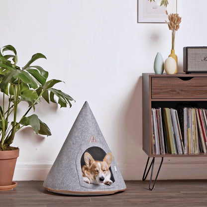 Nooee Pet Cave Lucy (M) – Gray Modern Cone-Shaped Pet Bed with Machine-Washable Cushion, Portable Roll-Up Design with Travel Bag, Fits Pets Up to 12 lbs, 24”H x 22”L x 22”D