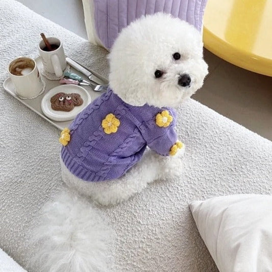 Yellow Daisy Purple Dog Sweater – Soft Cotton Blend Knit with Bright Floral Pattern, Lightweight Spring Pullover for Small Dogs (XS–XL)