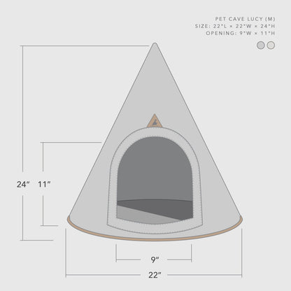 Nooee Pet Cave Lucy (M) – Gray Modern Cone-Shaped Pet Bed with Machine-Washable Cushion, Portable Roll-Up Design with Travel Bag, Fits Pets Up to 12 lbs, 24”H x 22”L x 22”D