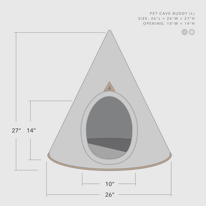 Nooee Pet Cave Buddy (L) – Gray Modern Cone-Shaped Pet Bed with Machine-Washable Cushion, Portable Roll-Up Design with Travel Bag, Fits Pets Up to 18 lbs, 31”H x 29”L x 29”D
