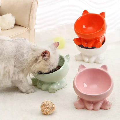 Purr-fect Cat Bowl with Bamboo Stand | Elevated Non-Slip Ceramic Dish for Cats