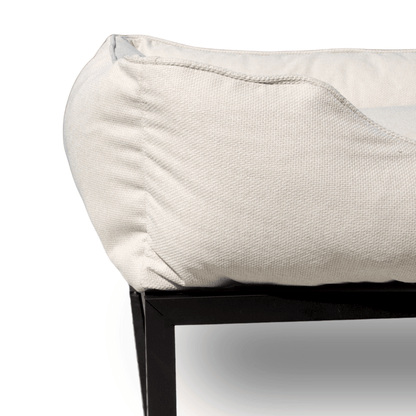 The FÜZI Elevated Dog Bed – Oat Performance Fabric on Black Metal Base (S/M/L/XL)