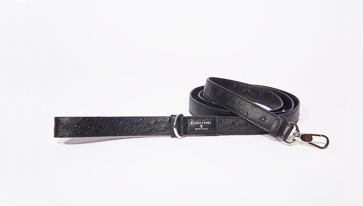 Large Black Ostrich Dog Leash – Premium 100% Ostrich Leather Lead (60")