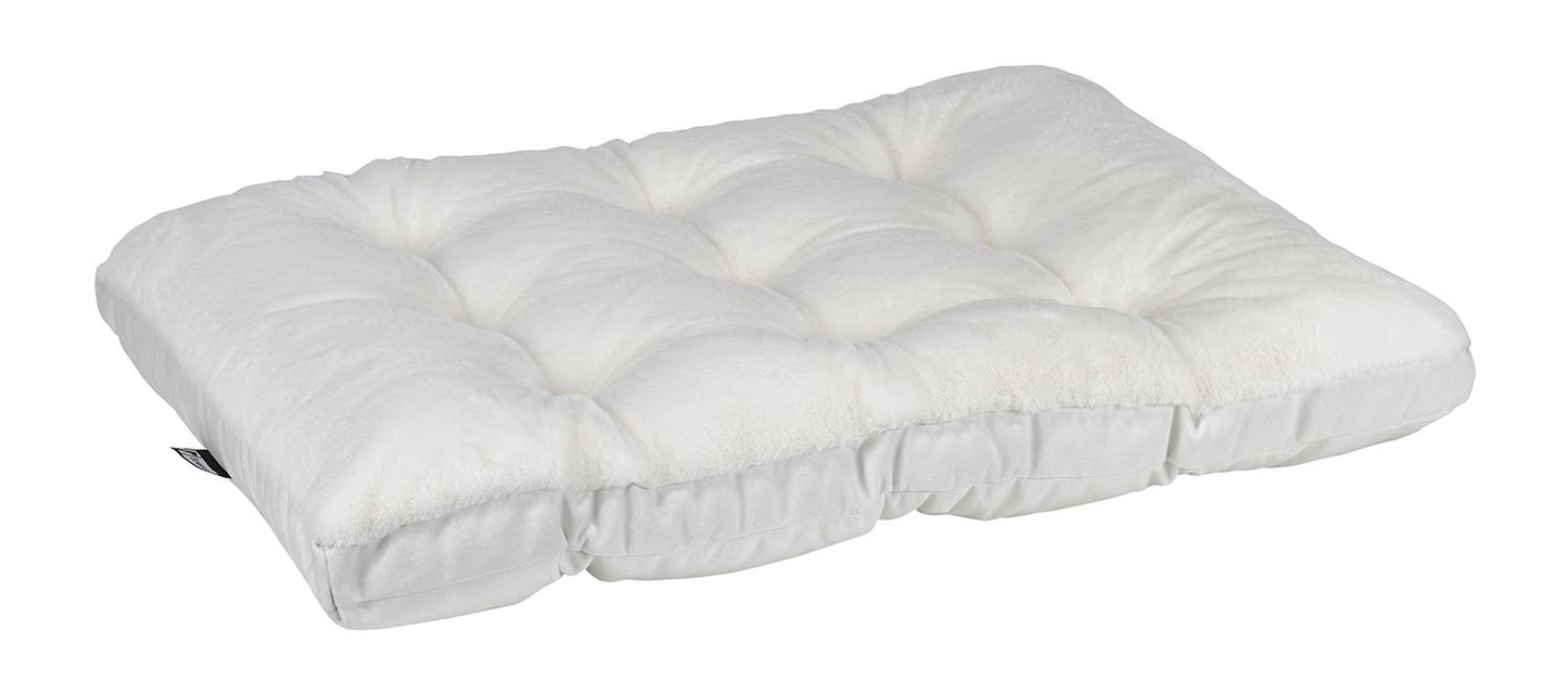 Dream Futon Dog Bed – Reversible Winter White Faux Fur & Upholstery Fabric with Circle Tufting, High-Memory Fiber Fill, Machine Washable