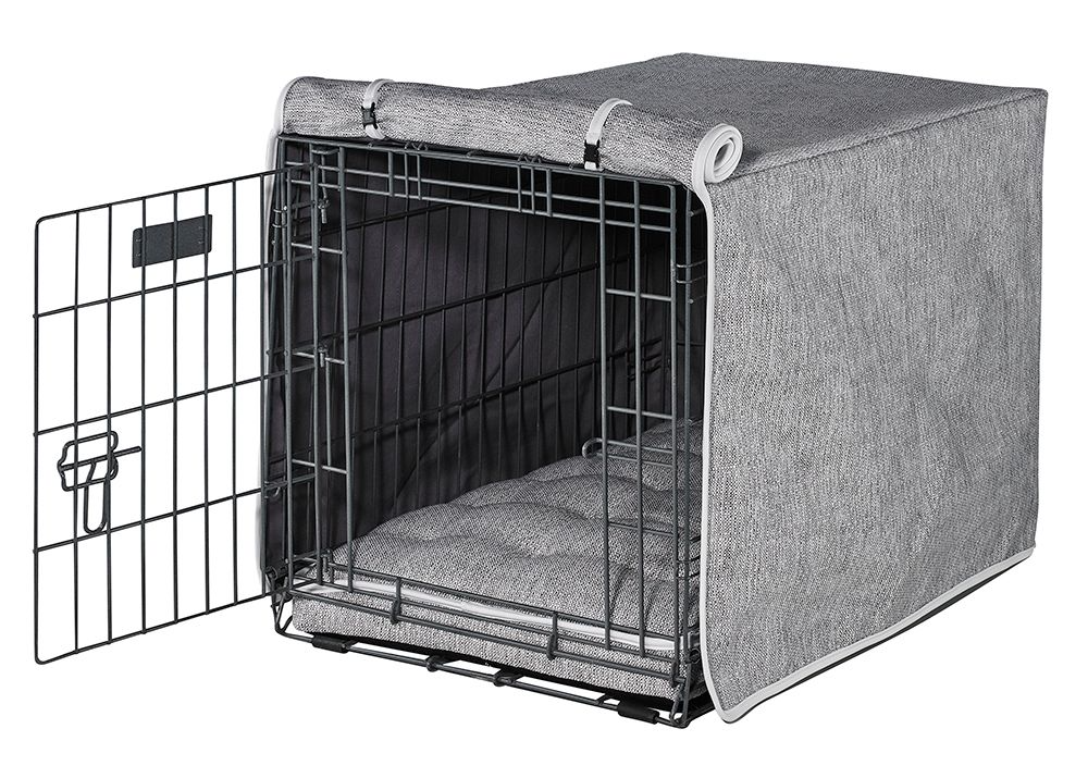 Crate Cover – Allumina Luxury Upholstery Fabric, Elegant Piping, Machine Washable with Roll-Up Front Panel for Stylish Dog Crate Privacy