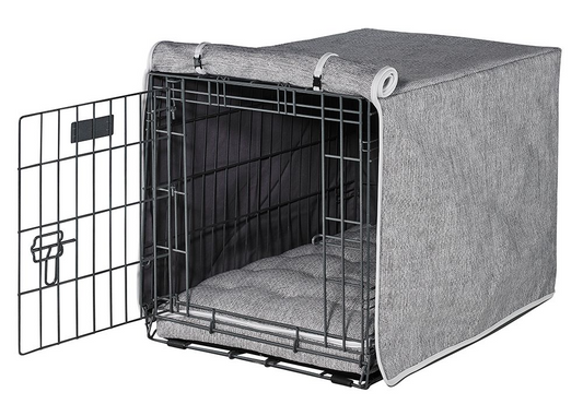 Crate Cover – Allumina Luxury Upholstery Fabric, Elegant Piping, Machine Washable with Roll-Up Front Panel for Stylish Dog Crate Privacy