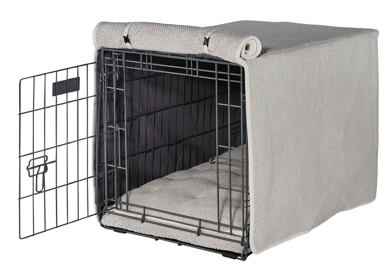 Crate Cover – Aspen Luxury Upholstery Fabric with Elegant Piping, Machine Washable Roll-Up Front Panel for Stylish Dog Crate Privacy