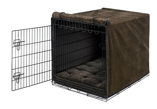 Crate Cover – Chocolate Bones Print in Luxury Upholstery Fabric with Elegant Piping, Machine Washable Roll-Up Front Panel for Stylish Dog Crate Privacy
