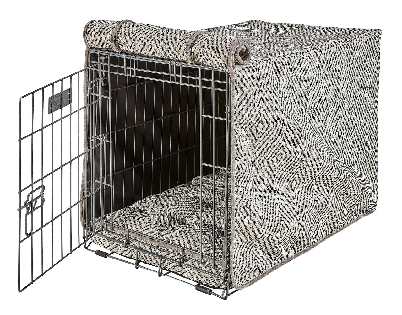 Crate Cover – Diamondback Pattern in Luxury Upholstery Fabric with Elegant Piping, Machine Washable Roll-Up Front Panel for Stylish Dog Crate Privacy