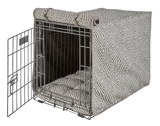 Crate Cover – Diamondback Pattern in Luxury Upholstery Fabric with Elegant Piping, Machine Washable Roll-Up Front Panel for Stylish Dog Crate Privacy