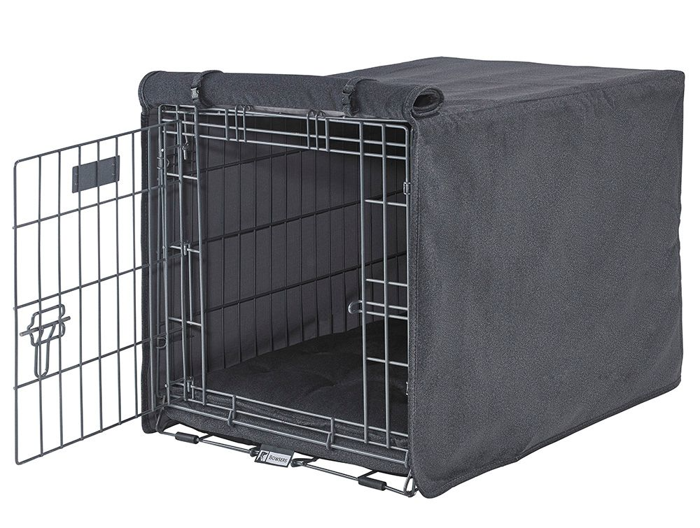 Crate Cover – Flint Grey in Luxury Upholstery Fabric with Elegant Piping, Machine Washable Roll-Up Front Panel for Stylish Dog Crate Privacy
