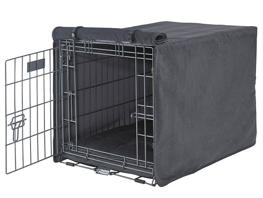 Crate Cover – Flint Grey in Luxury Upholstery Fabric with Elegant Piping, Machine Washable Roll-Up Front Panel for Stylish Dog Crate Privacy