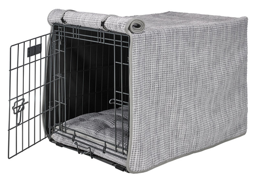 Crate Cover – Glacier Blue in Luxury Upholstery Fabric with Elegant Piping, Machine Washable Roll-Up Front Panel for Stylish Dog Crate Privacy