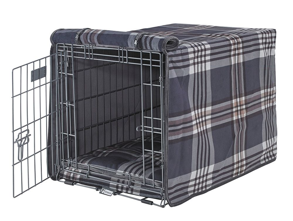 Crate Cover – Greystone Tartan Plaid in Luxury Upholstery Fabric with Elegant Piping, Machine Washable Roll-Up Front Panel for Stylish Dog Crate Privacy