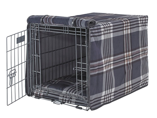 Crate Cover – Greystone Tartan Plaid in Luxury Upholstery Fabric with Elegant Piping, Machine Washable Roll-Up Front Panel for Stylish Dog Crate Privacy