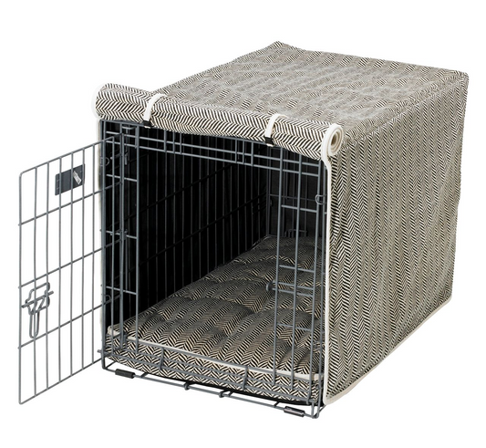 Crate Cover – Classic Herringbone in Luxury Upholstery Fabric with Elegant Piping, Machine Washable Roll-Up Front Panel for Stylish Dog Crate Privacy
