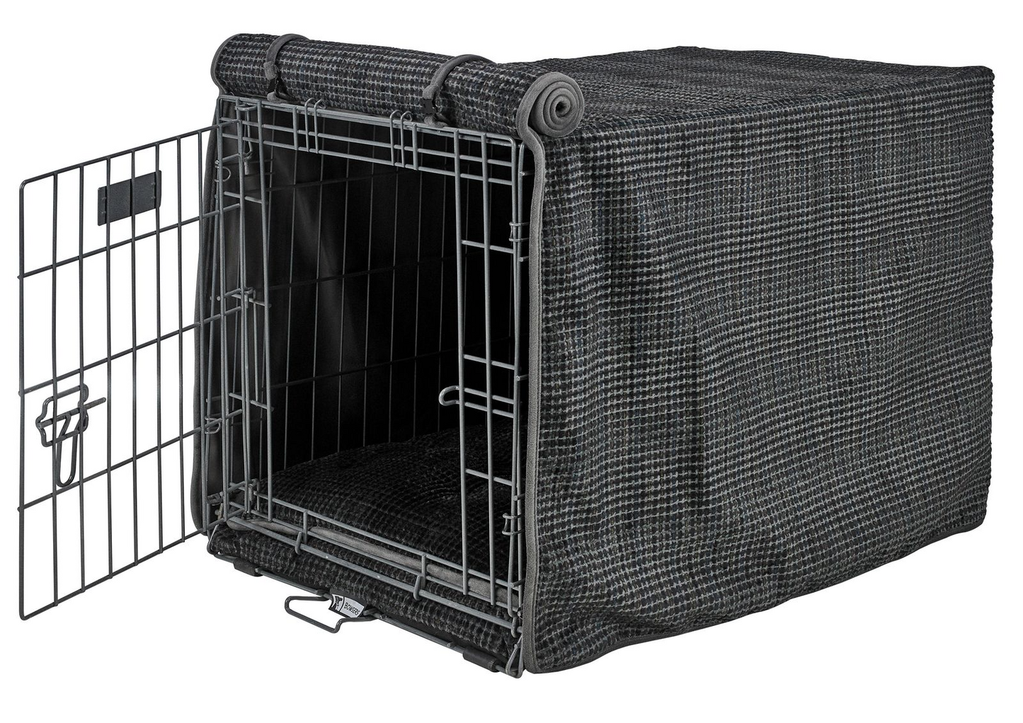 Crate Cover – Iron Mountain Gray in Luxury Upholstery Fabric with Elegant Piping, Machine Washable Roll-Up Front Panel for Stylish Dog Crate Privacy