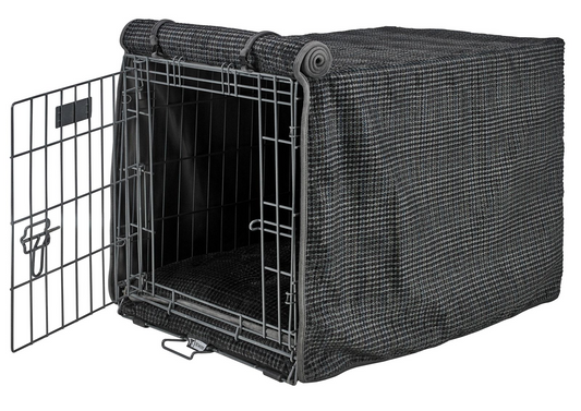Crate Cover – Iron Mountain Gray in Luxury Upholstery Fabric with Elegant Piping, Machine Washable Roll-Up Front Panel for Stylish Dog Crate Privacy