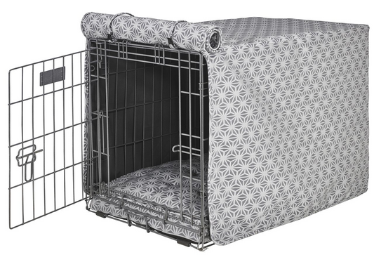Crate Cover – Mercury Gray Luxury Upholstery with Elegant Piping, Machine Washable Roll-Up Front Panel for Stylish Dog Crate Privacy