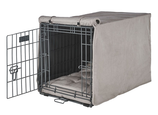 Crate Cover – Sandstone Luxury Upholstery with Elegant Piping, Machine Washable Roll-Up Front Panel for Stylish Dog Crate Privacy