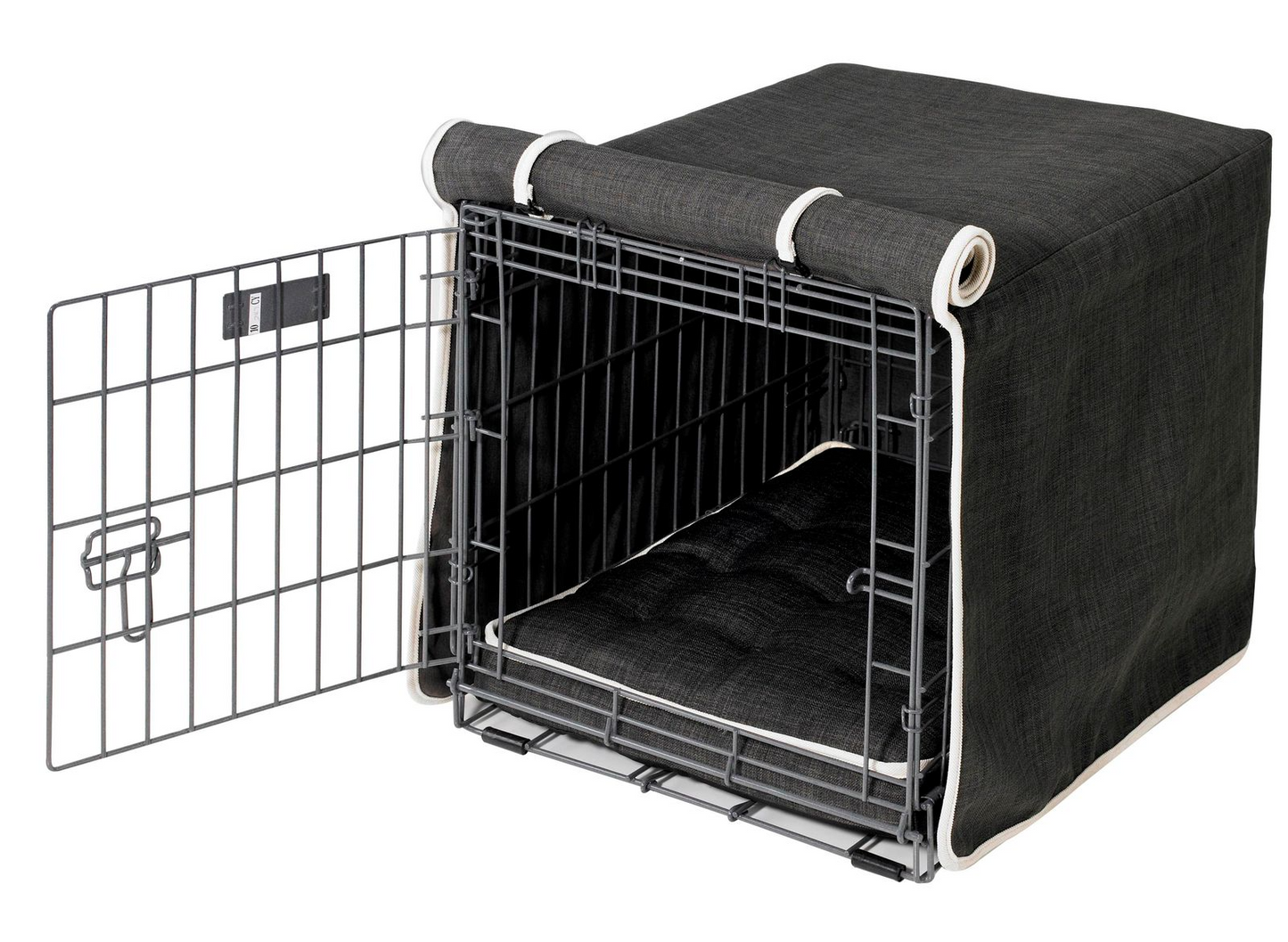 Crate Cover – Storm Luxury Upholstery with Elegant Piping, Machine Washable Roll-Up Front Panel for Stylish Dog Crate Privacy