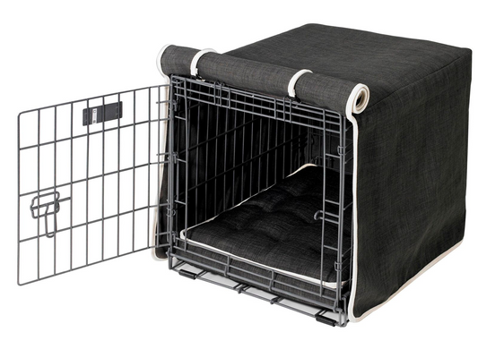 Crate Cover – Storm Luxury Upholstery with Elegant Piping, Machine Washable Roll-Up Front Panel for Stylish Dog Crate Privacy
