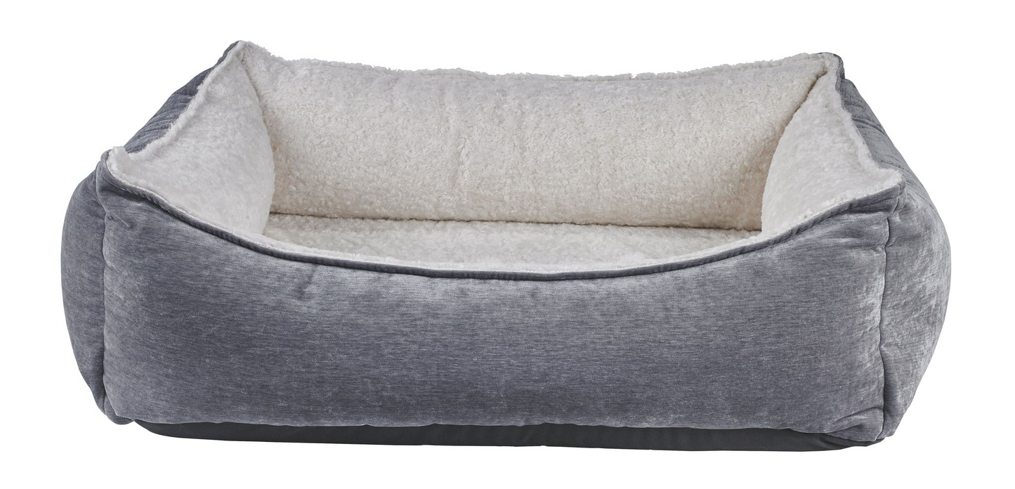 Oslo Ortho Bed Pumice – Two-Tone Upholstery Fabric with Scooped Front, Cool Gel Memory Foam Cushion, Removable Washable Cover, Supportive Bolster, Ideal for Comfort & Temperature Regulation