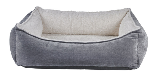 Oslo Ortho Bed Pumice – Two-Tone Upholstery Fabric with Scooped Front, Cool Gel Memory Foam Cushion, Removable Washable Cover, Supportive Bolster, Ideal for Comfort & Temperature Regulation
