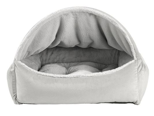 Canopy Bed Cloud – Covered Dog Bed with Scooped Front, Removable Washable Cushion, Upholstery Fabric & Luxury Faux Fur, Overstuffed Bolsters for Comfort & Security