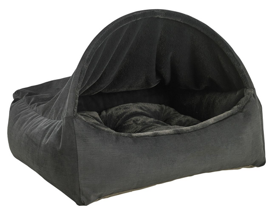 Canopy Bed Galaxy – Covered Dog Bed with Scooped Front, Removable Washable Cushion, Upholstery Fabric & Luxury Faux Fur, Overstuffed Bolsters for Comfort & Security