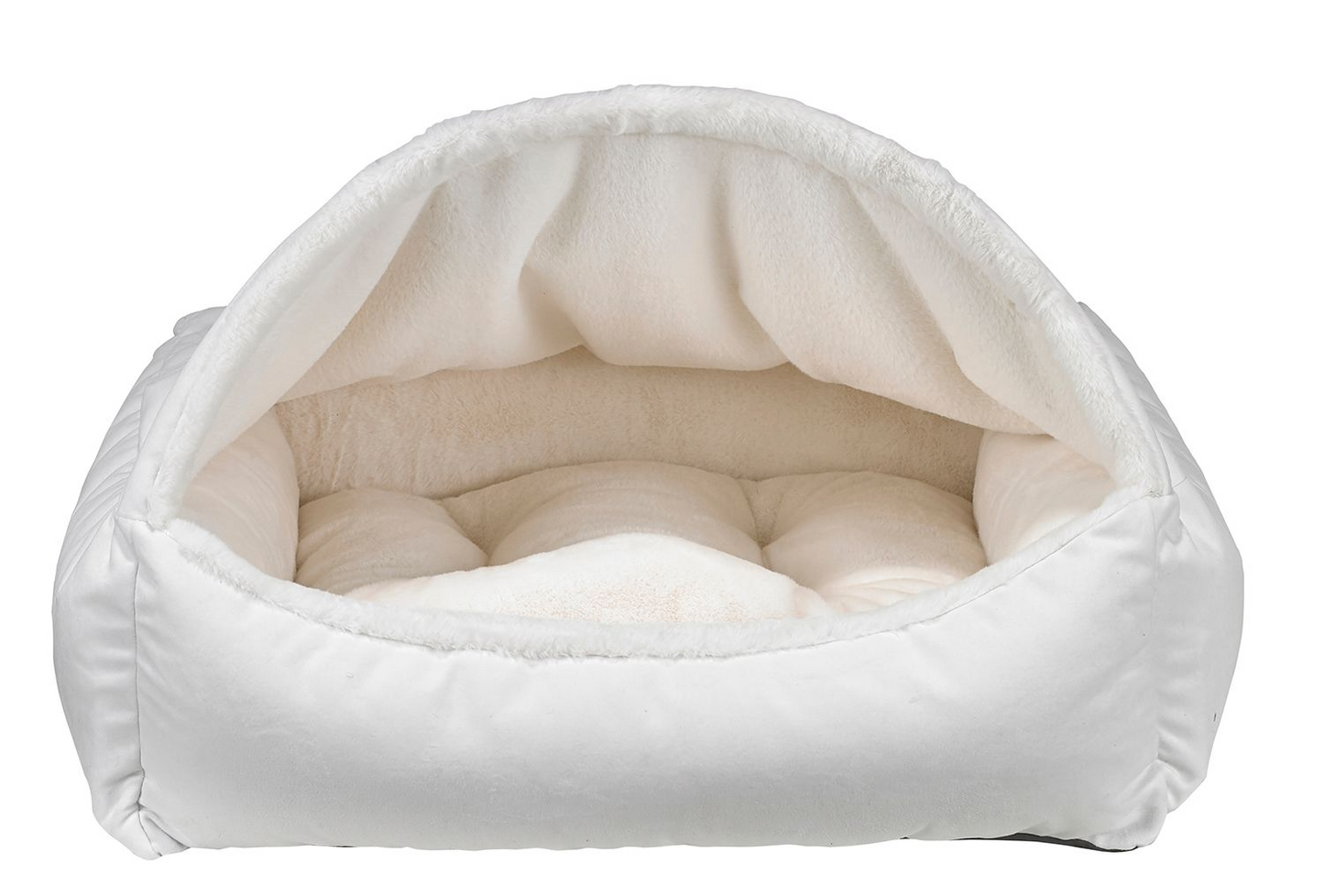 Canopy Cozy Fluffernutter – Covered Dog Bed with Scooped Front, Long Pile Luxury Faux Fur, Removable Washable Cover, Overstuffed Bolsters for Comfort & Security