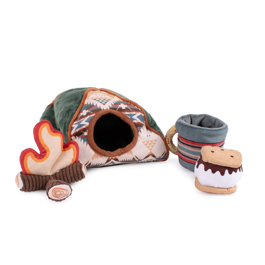 Pendleton Camp Discovery Tent Set | Plush Dog Toy with Crinkle Tent & 3 Squeaky Camping Toys
