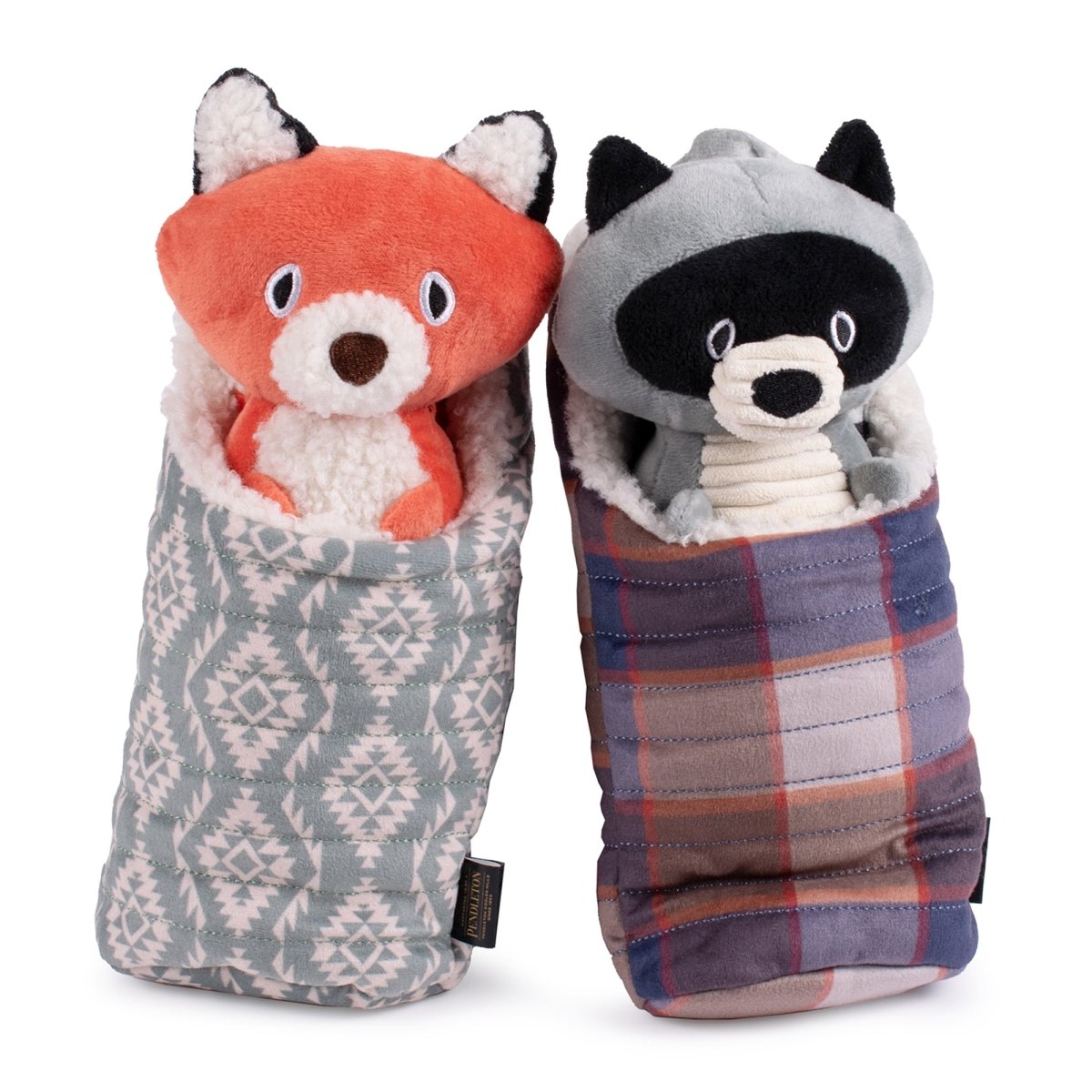 Pendleton Camp Pal Dog Plush Toy | Crinkle Sleeping Bag Toy with Removable Squeaky Fox or Raccoon