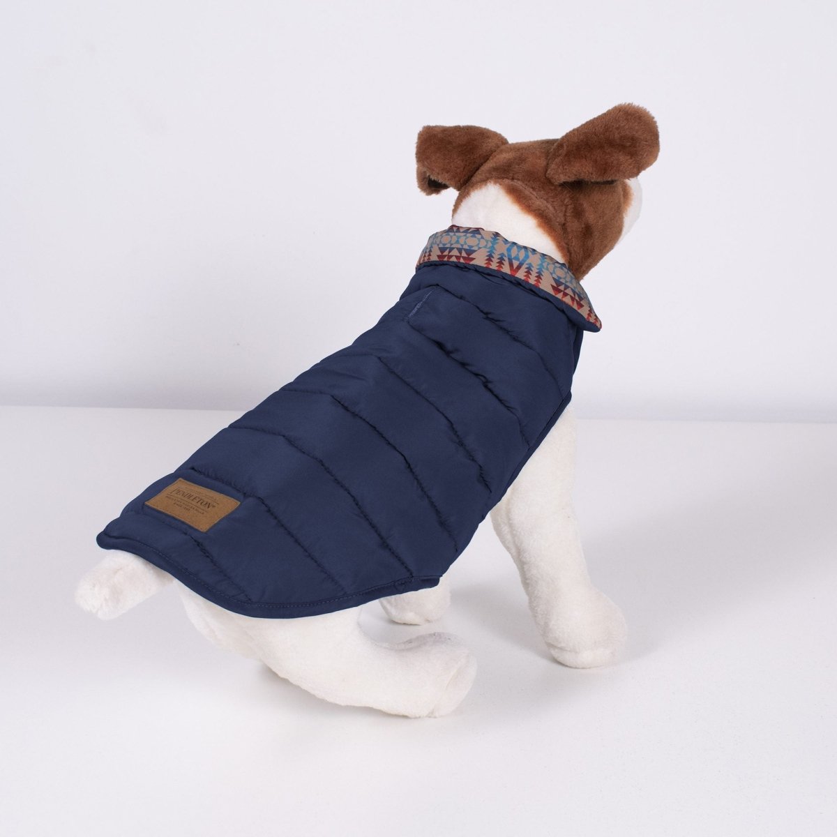 Pendleton Pilot Rock Puffer Dog Coat | Adjustable Warm Polyester Jacket with Leash Access & Suede Patch