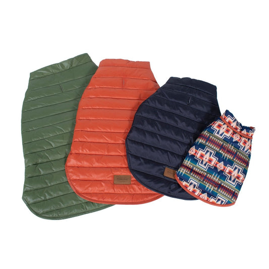 Pendleton Puffer Dog Coat | Reversible Warm Polyester Dog Jacket with Leash Slot & Adjustable Closures