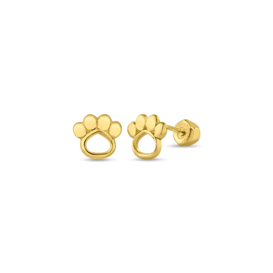 14K Gold Paw Print Stud Earrings with Screw Backs