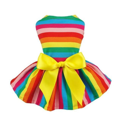 Rainbow Dog Party Dress – Colorful Striped Dog Dress with Yellow Bow for Small Breeds | Posh Dog Life