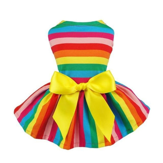 Rainbow Dog Party Dress – Colorful Striped Dog Dress with Yellow Bow for Small Breeds | Posh Dog Life