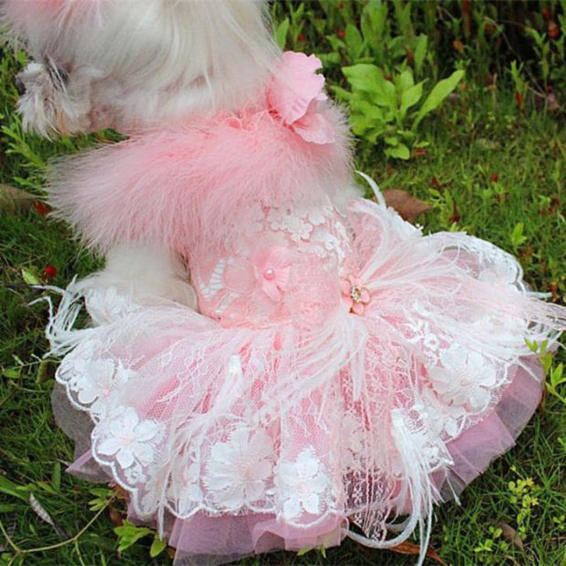 Designer Handmade “Sophia” Dog Party Dress – Luxury Pink Satin, Lace & Tulle Dress with Feathers and Floral Appliqué (XS–XL | Custom Sizes Available)