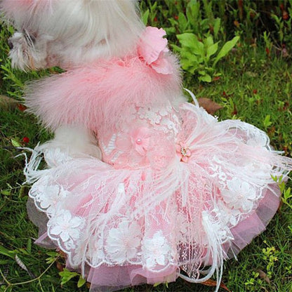 Designer Handmade “Sophia” Dog Party Dress – Luxury Pink Satin, Lace & Tulle Dress with Feathers and Floral Appliqué (XS–XL | Custom Sizes Available)