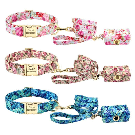 Floral Dog Collar & Leash Set with Matching Poop Bag Case | Personalized Engraving – Adjustable Nylon, S–L