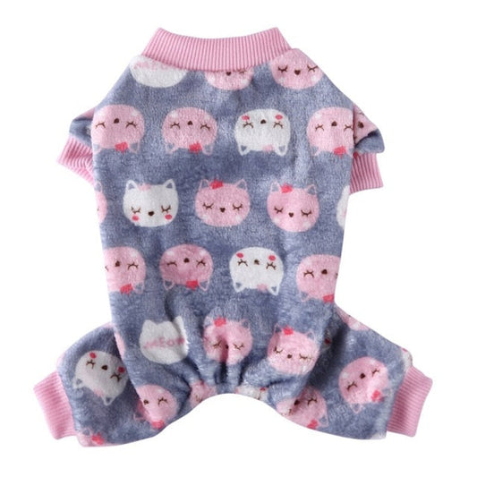 Cuddly Kitty-Print Onesie Dog PJs – Soft Grey Pajamas for Small & Medium Dogs (S–XL)