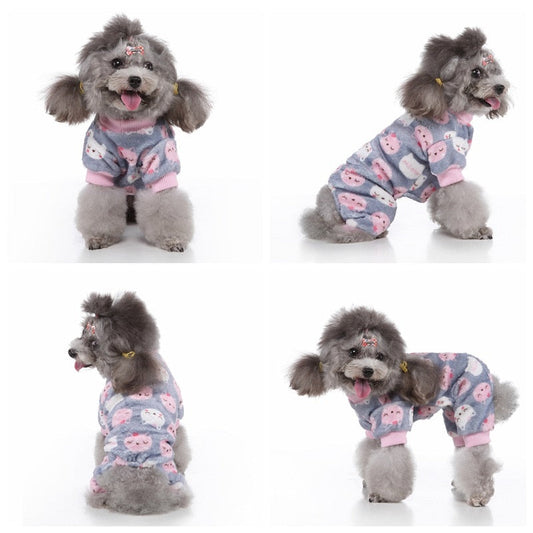 Cuddly Kitty-Print Onesie Dog PJs – Soft Grey Pajamas for Small & Medium Dogs (S–XL)
