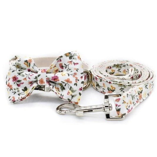 White Floral Bow Tie Dog Collar & Leash Set – Personalized Cotton Dog Collar with Custom Name Engraving | Posh Dog Life