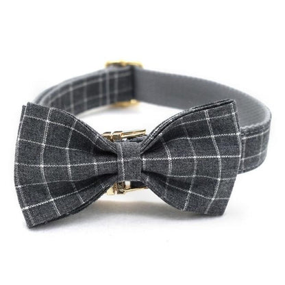Classic Gray Check Dog Collar & Leash Set with Bow Tie – Personalized Laser-Engraved (XS–XL)